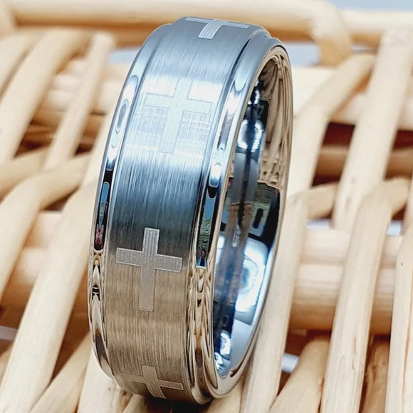 "Cross Silver Tungsten Wedding Band, GALTUN089